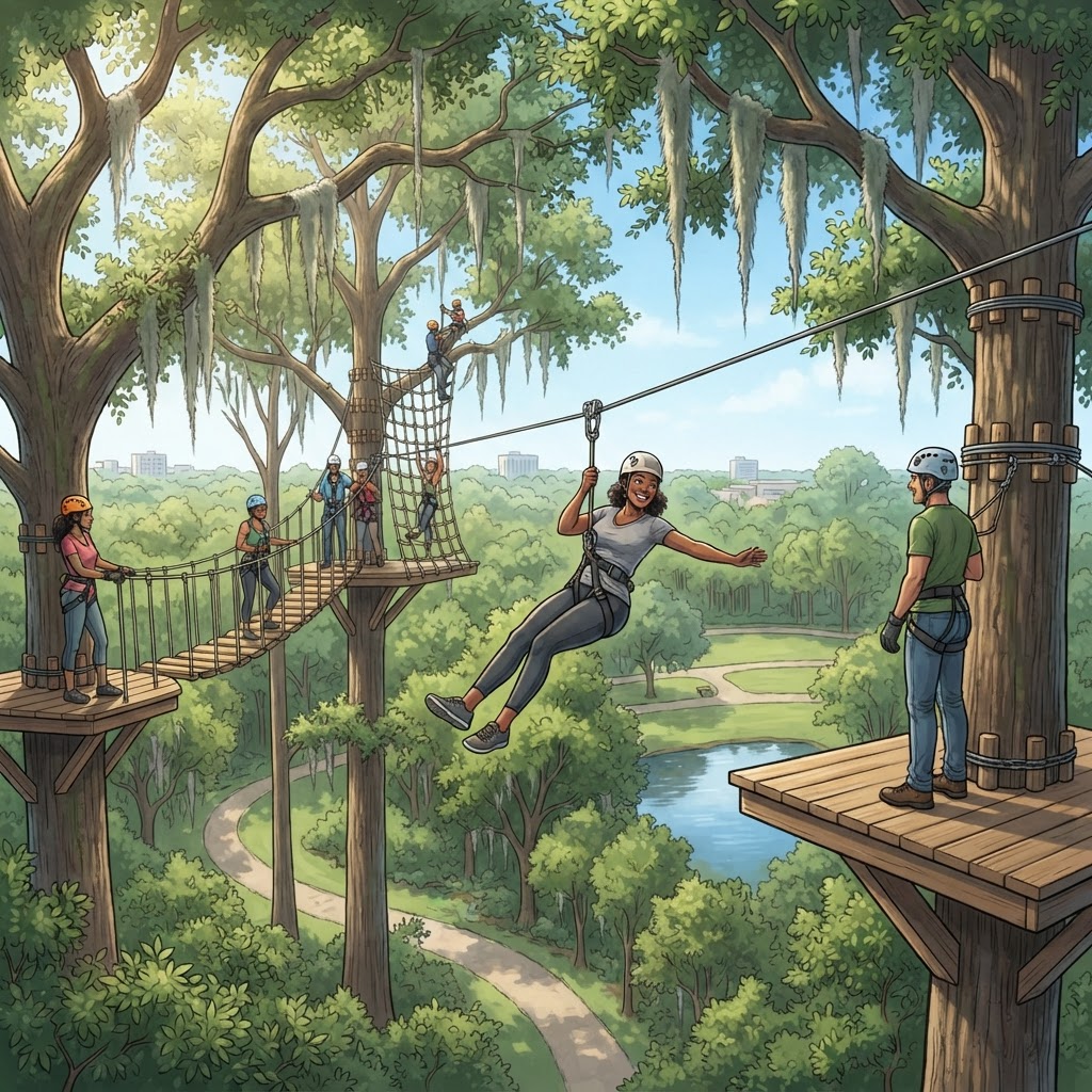 Editorial illustration for Tuscawilla Park Zipline in Daytona: One of the Best Outdoor Adventures in Volusia County