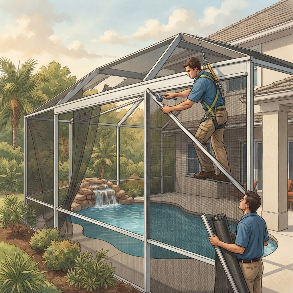Editorial illustration for Hurricane Pool Screen Repair in Daytona: What Volusia County Homeowners Should Do After Storm Damage