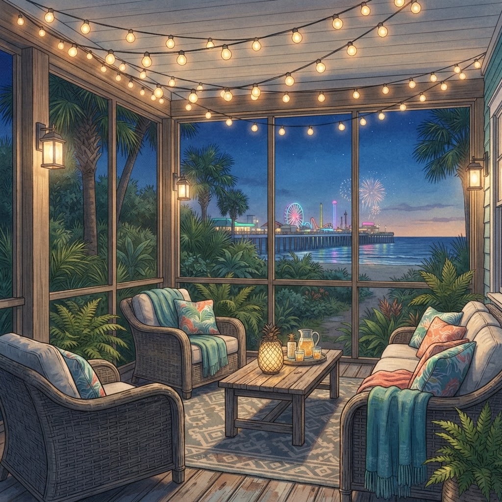 Editorial illustration for Daytona Beach Boardwalk Vibes at Home: Porch and Screen Ideas for Daytona Homeowners