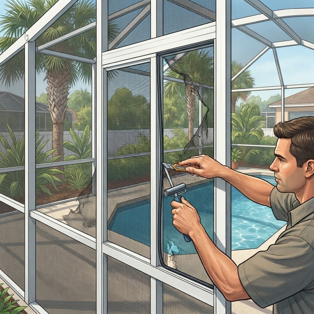 Editorial illustration for Do I Need a Permit for Screen Repair in Daytona? Florida Pool Cage Permit Rules Explained