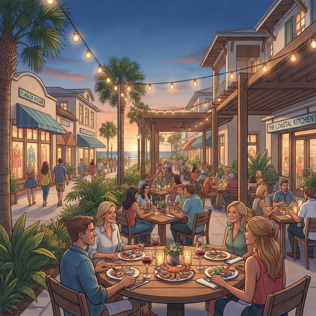 Editorial illustration for Flagler Avenue New Smyna Beach Dining Inspiration for Daytona & Volusia County Lanais
