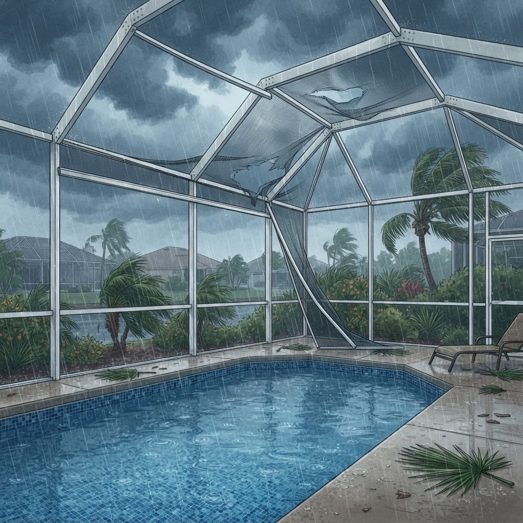 Editorial illustration for Pool Screen Damage in Daytona: How Florida Afternoon Thunderstorms Wreck Enclosures All Summer