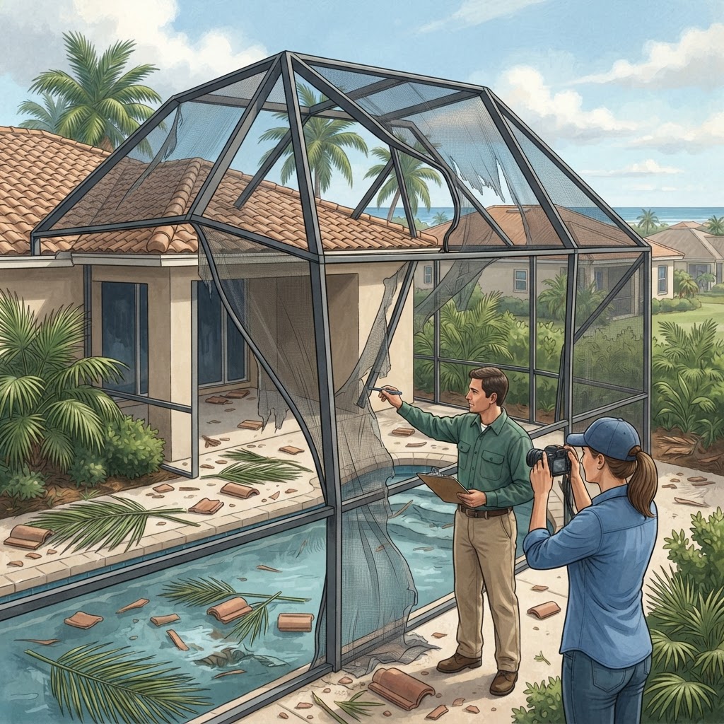 Editorial illustration for Hurricane Pool Screen Damage in Daytona: What to Do First After a Storm