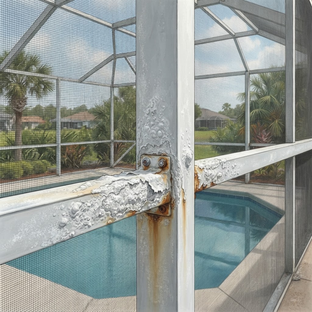 Editorial illustration for Salt Air Corrosion in Daytona: How Coastal Salt Air Damages Screen Frames and What Homeowners Can Do