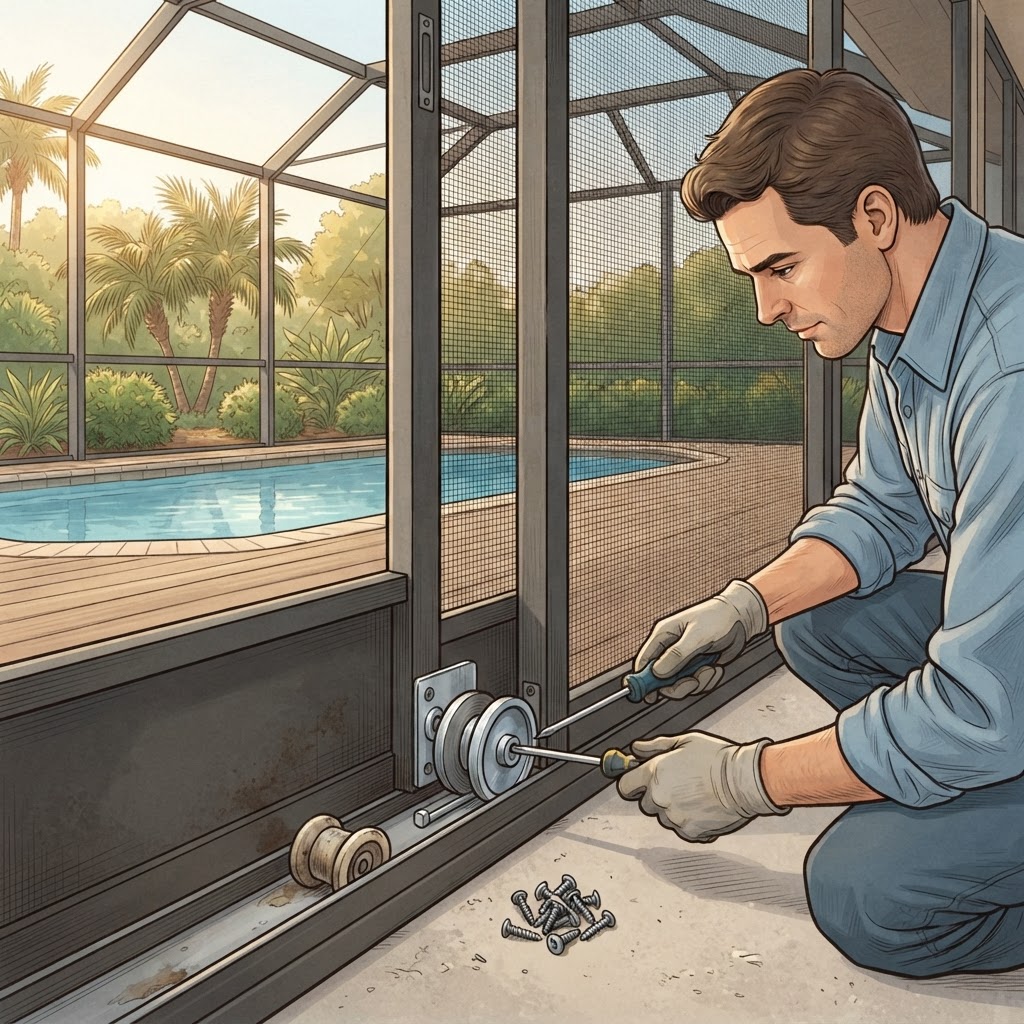 Editorial illustration for Screen Enclosure Hardware Repair in Daytona: Doors, Rollers, Latches & Aluminum Frame Fixes