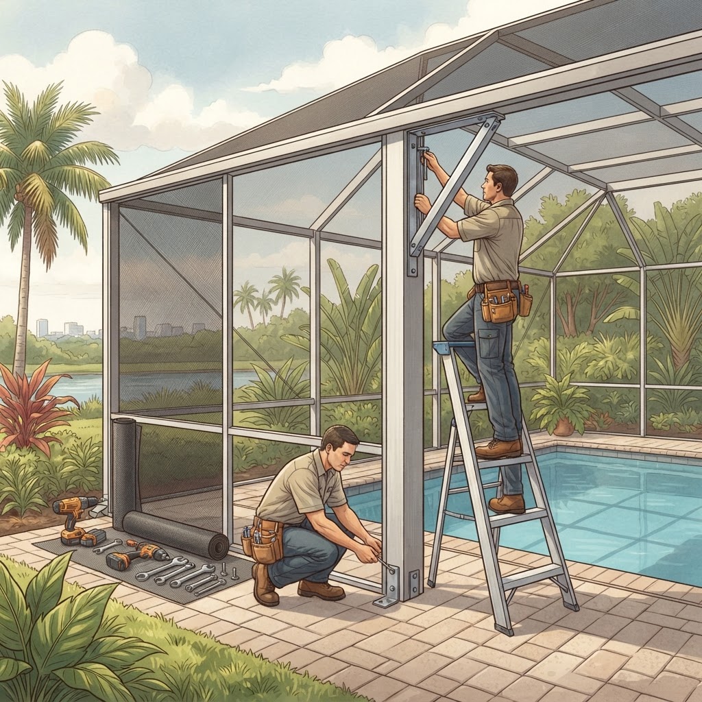 Editorial illustration for Hurricane Pool Cage Protection in Daytona: 5 Smart Steps Before the Next Storm
