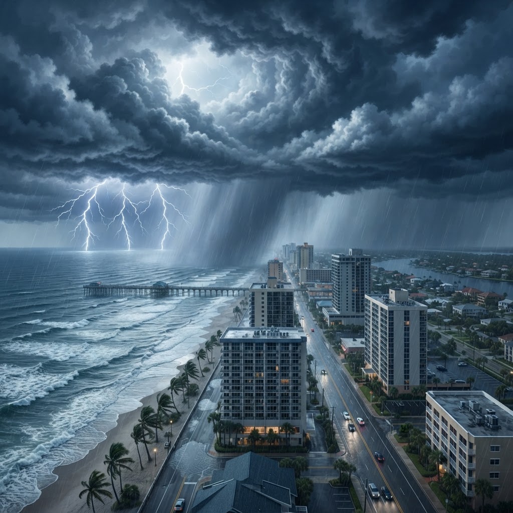 Editorial illustration for Summer Thunderstorms in Daytona: How Daily Storms Cause Pool Screen Mesh Repair Needs