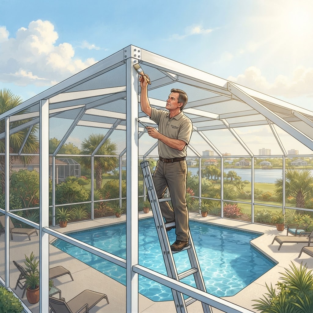 Editorial illustration for Pool Cage Maintenance in Daytona: How to Extend Your Screen Enclosure Lifespan in Volusia County