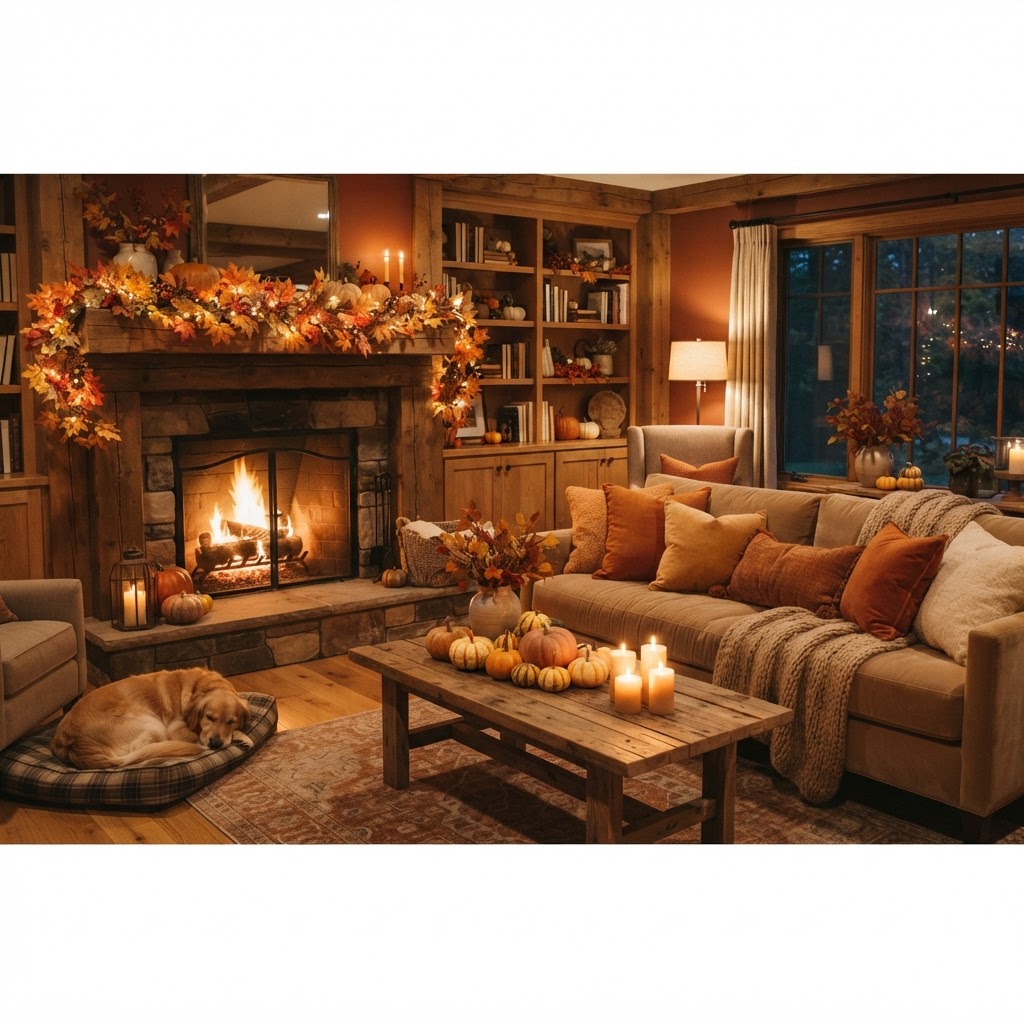 Cozy autumn living room with fall foliage, pumpkins, and warm candlelight