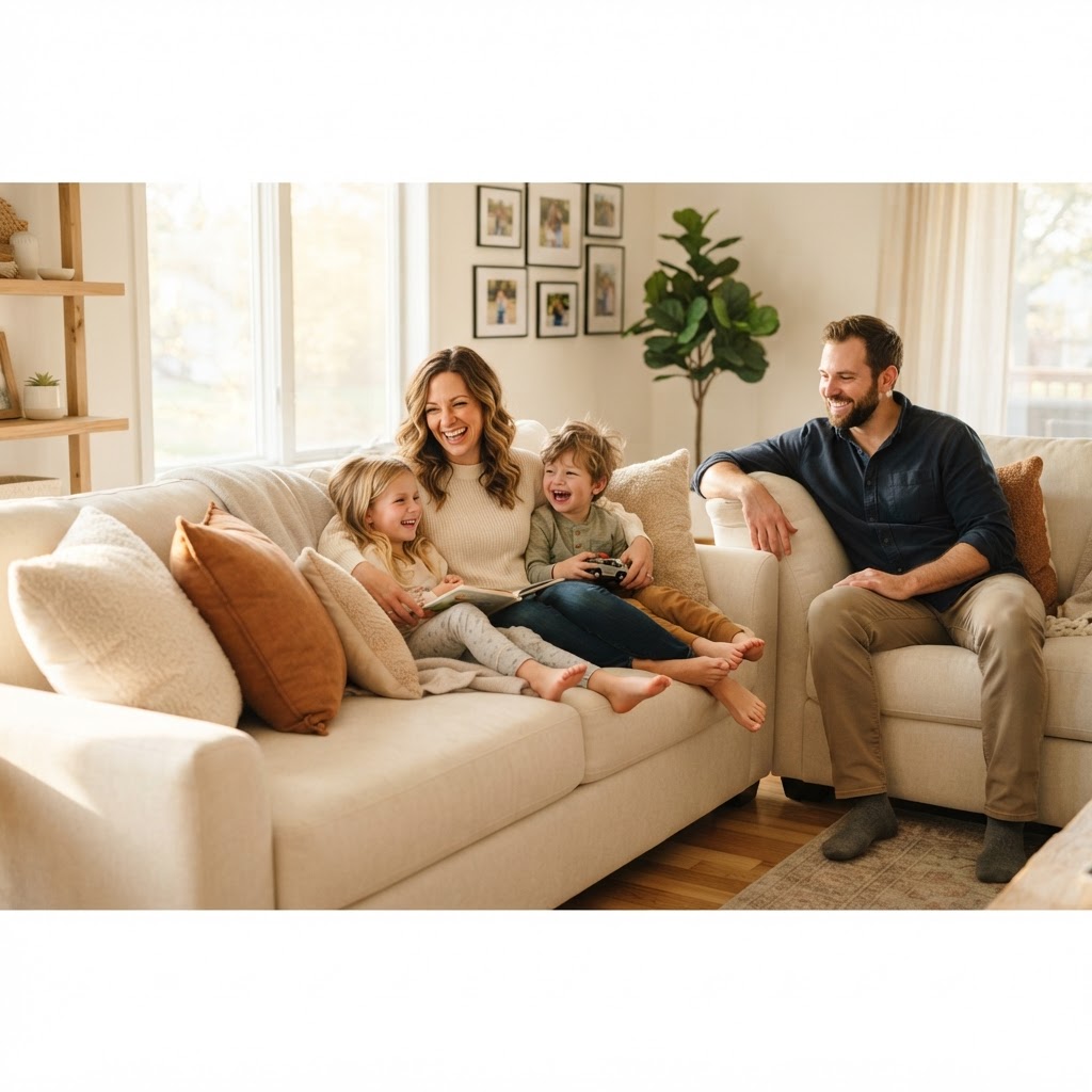 Happy family relaxing on brand-new furniture