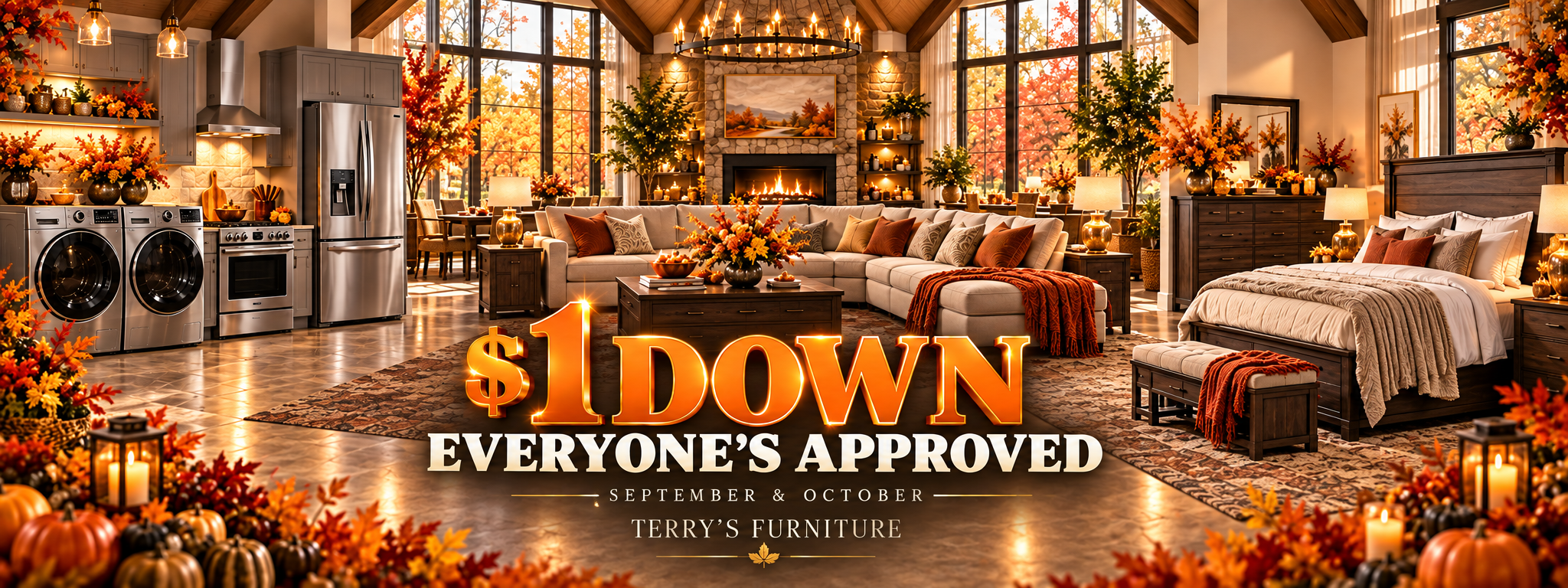 $1 Down — Everyone's Approved — September & October at Terry's Furniture. Luxury autumn furniture sale.