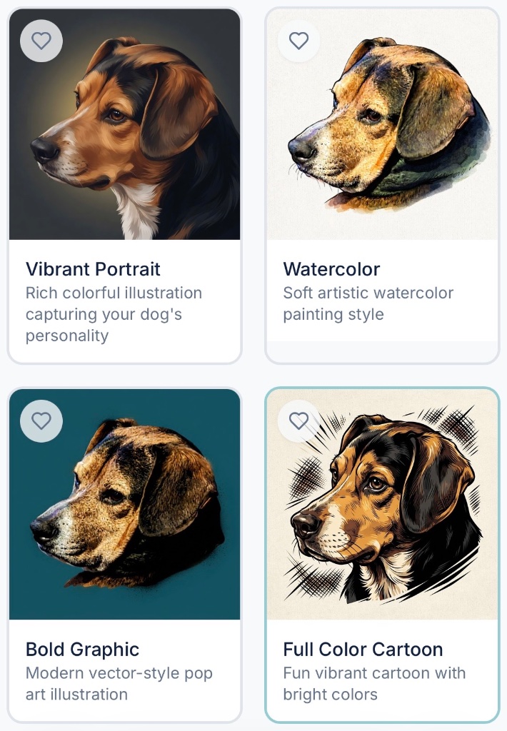 Generating design styles: Vibrant Portrait, Watercolor, Bold Graphic, Full Color Cartoon
