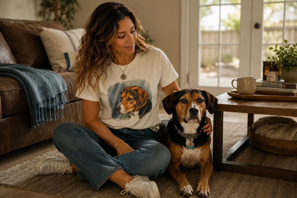 Customer wearing a custom t-shirt featuring her dog's watercolor portrait