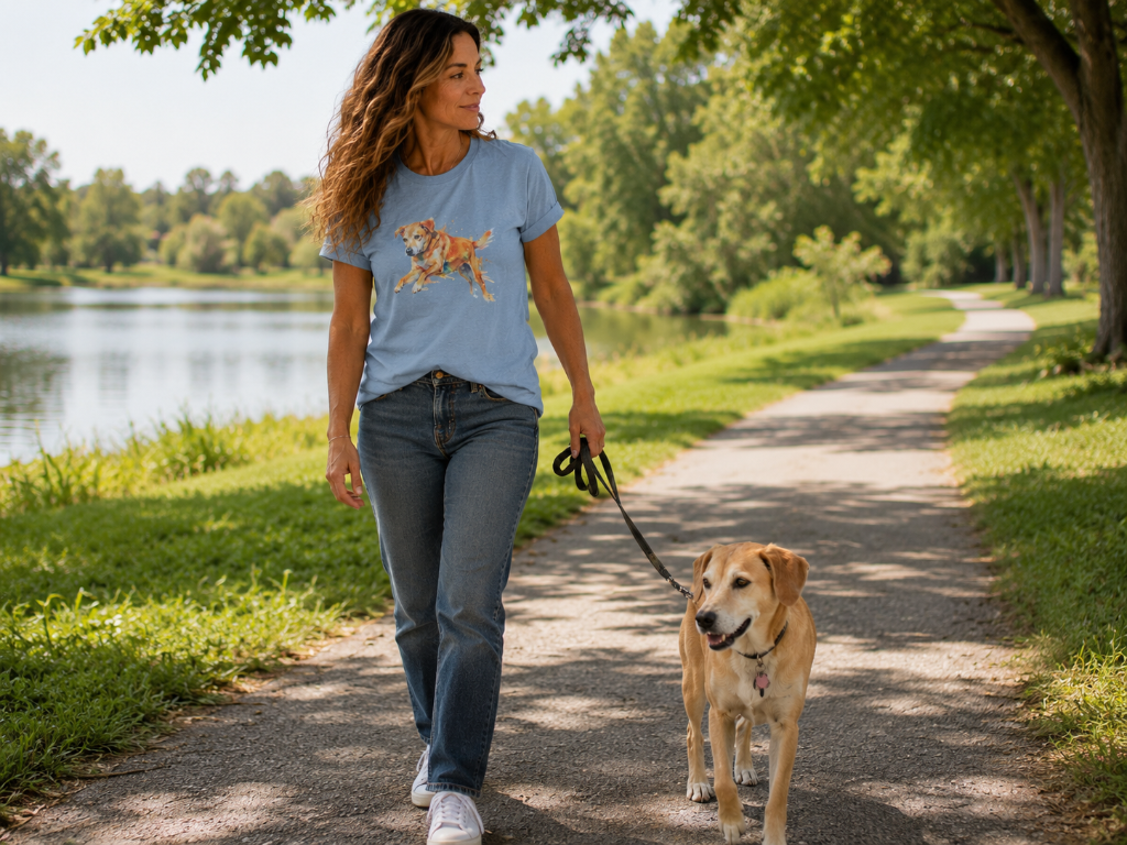 A woman wearing a custom watercolor dog print t-shirt while walking her dog in the park