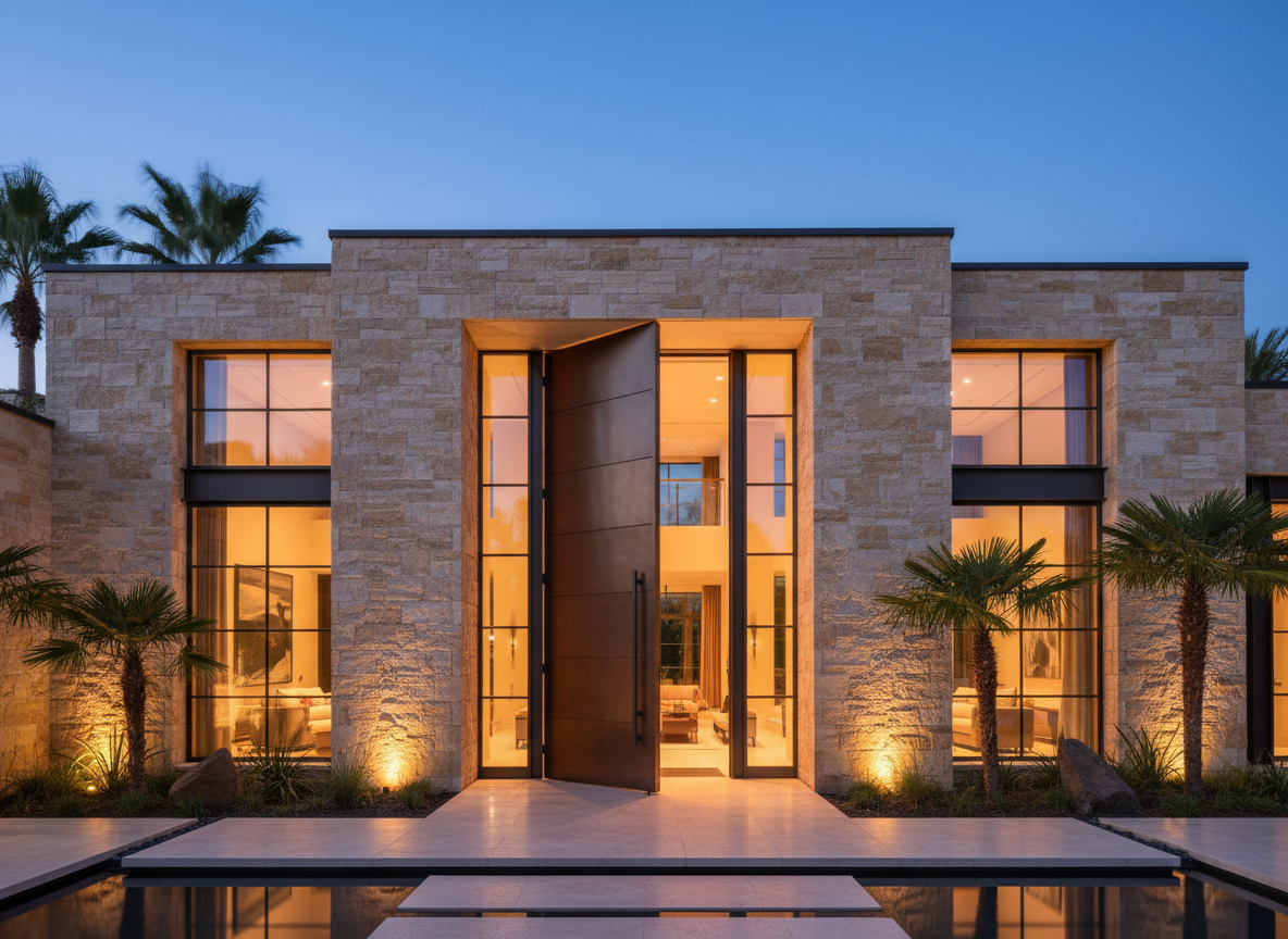 Luxury home exterior with large pivot door