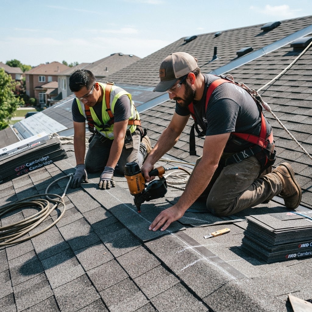 Two roofers installing new roofing system