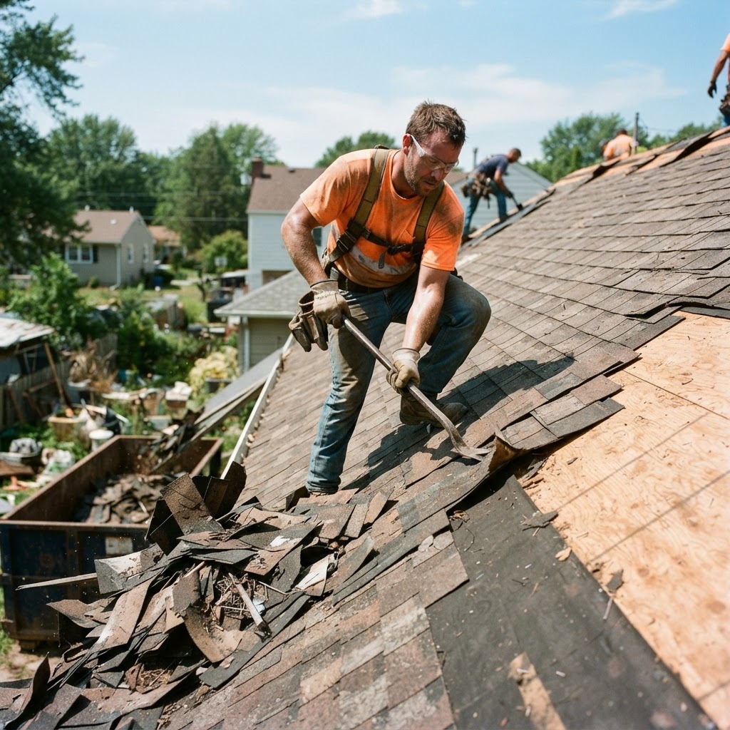 Worker carefully removing old shingles during tear-off