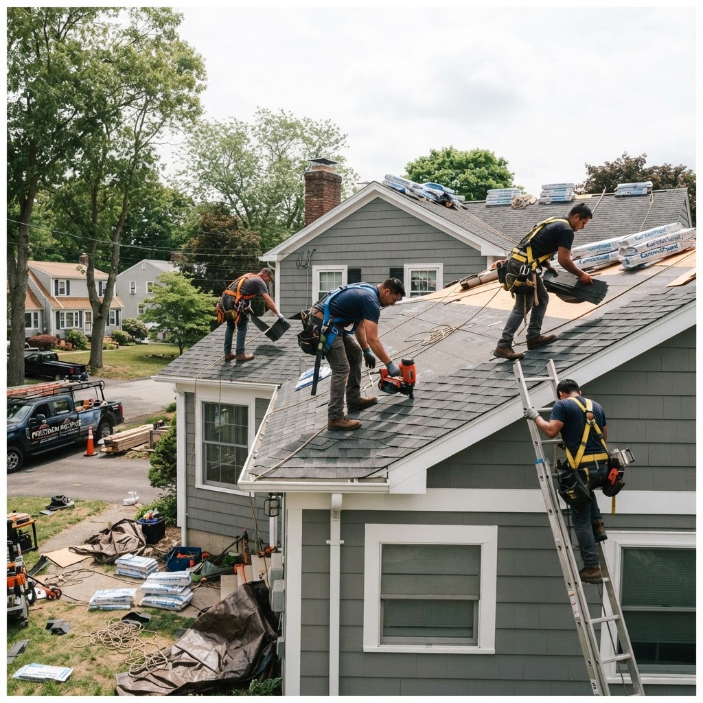 Roofing crew working together on a house