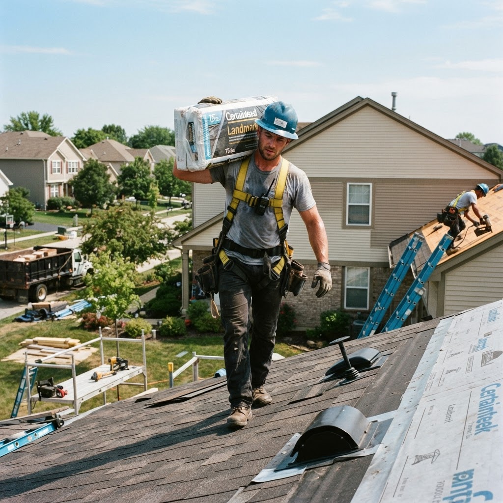 Crew member carrying a bundle of shingles across a roof