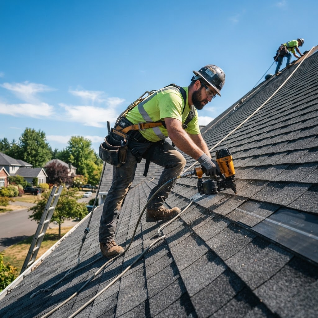 Roofer installing shingles with a nail gun
