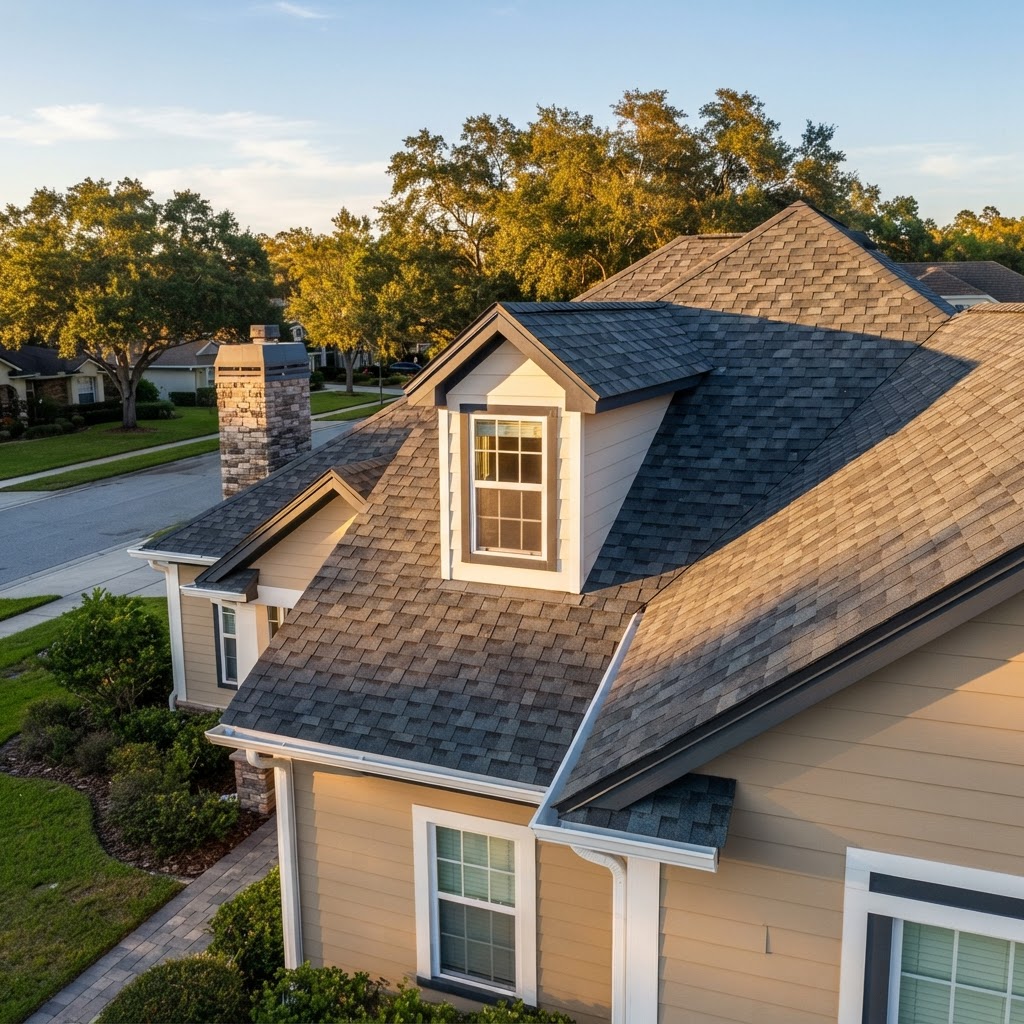 Finished roof with dormer and architectural shingles