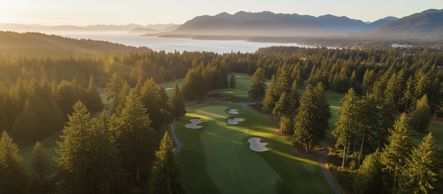 Pacific Northwest championship golf course at golden hour