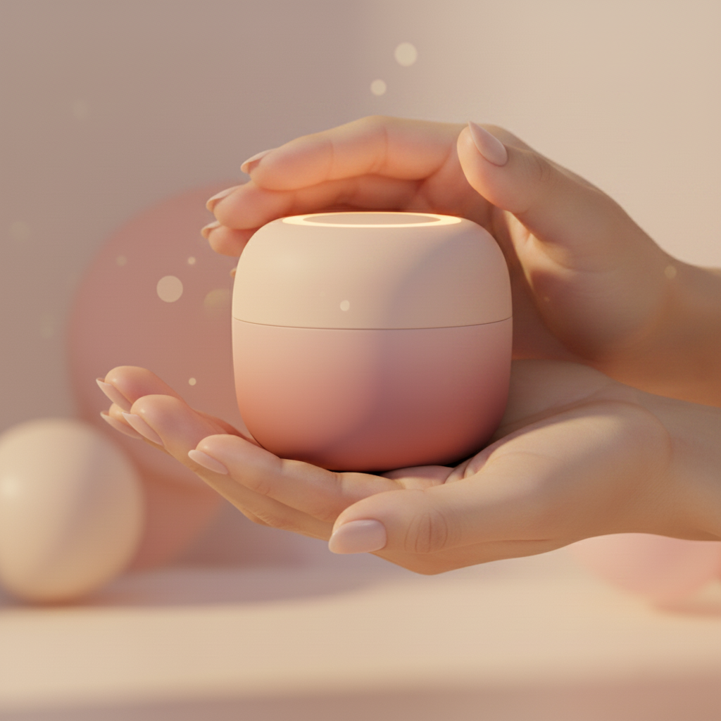 Hands holding the dewi portable lotion warmer