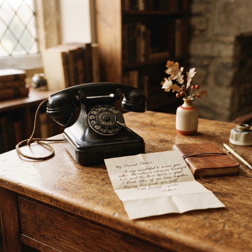 A vintage telephone and a handwritten letter