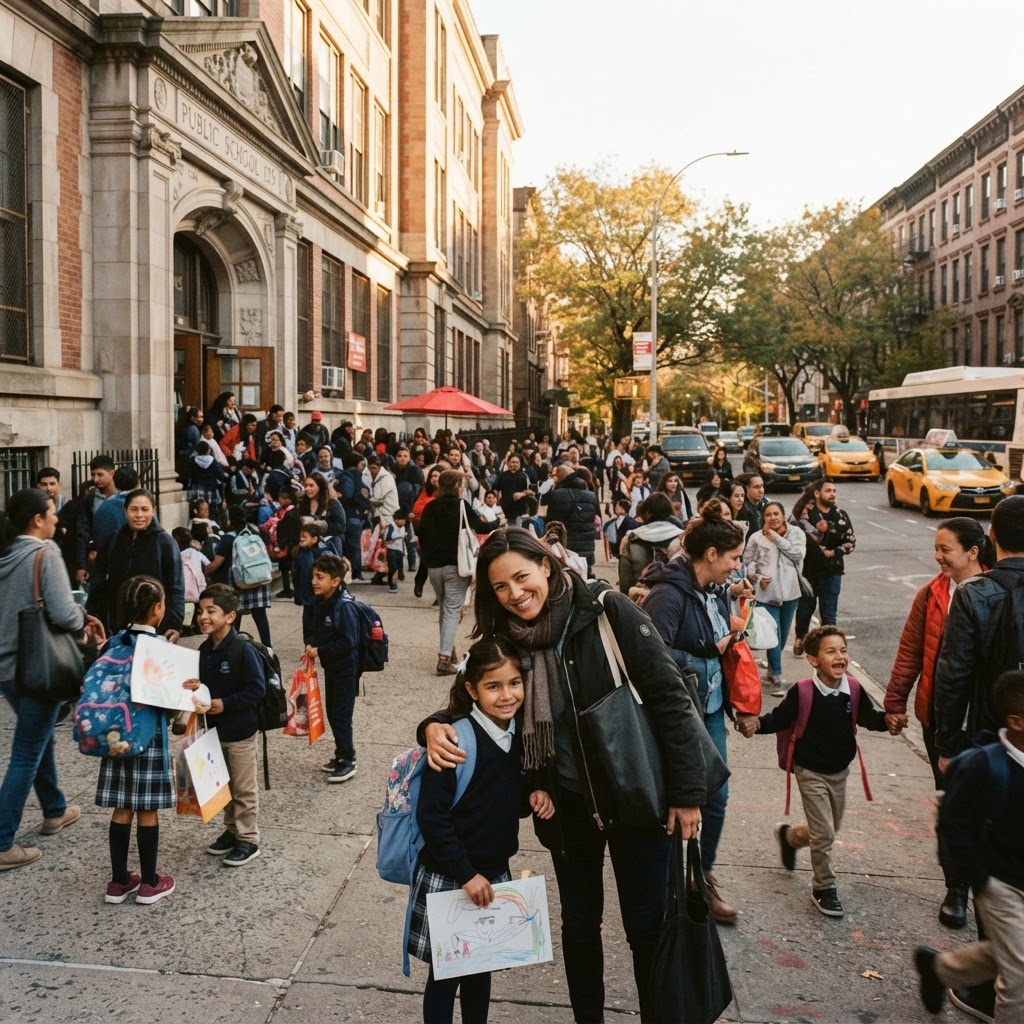 A New York City school building at dismissal