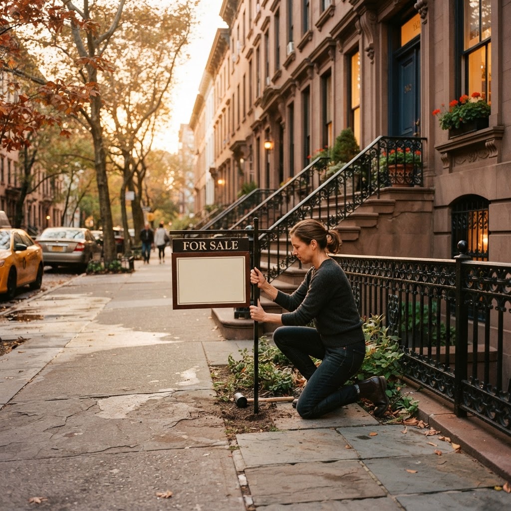 A homeowner placing a for-sale sign