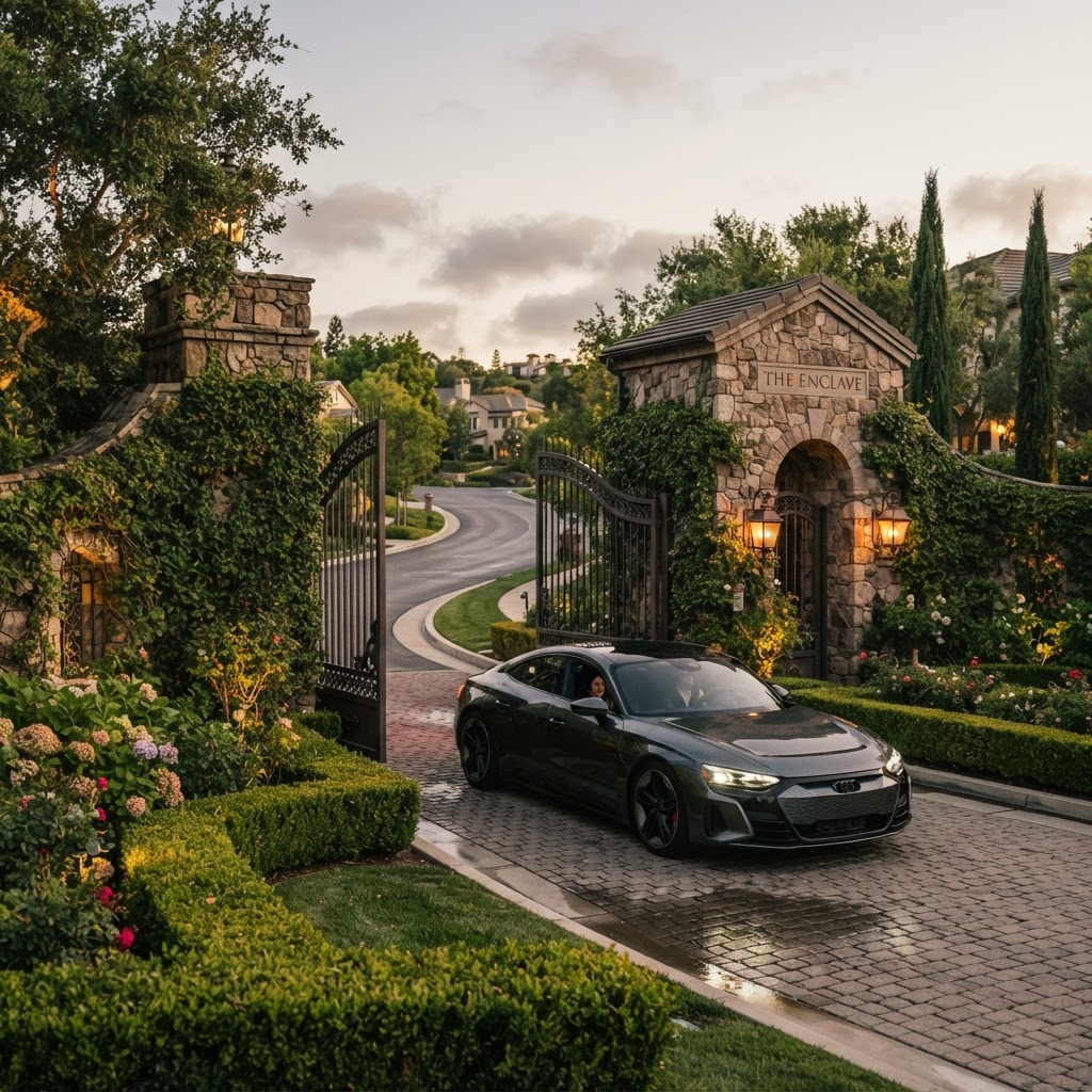 A car entering a private gated community