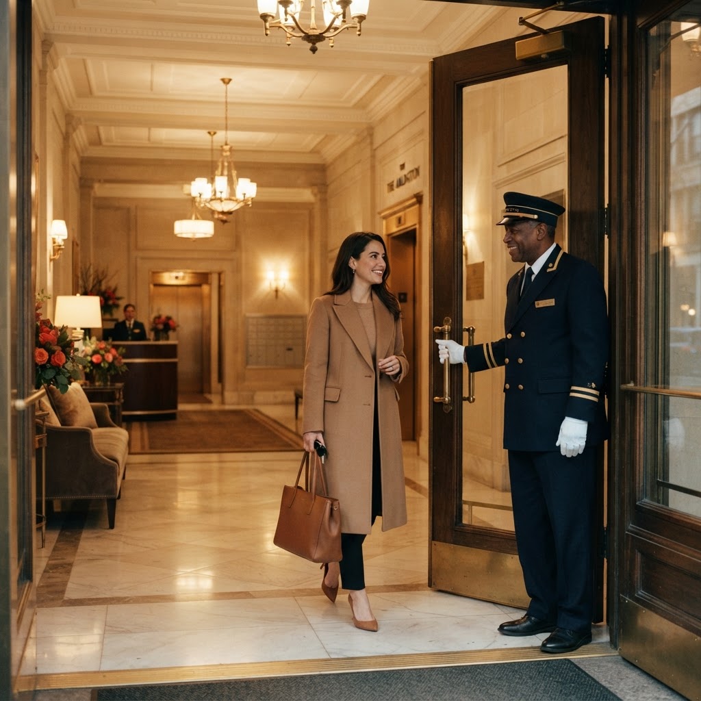 A resident entering a building greeted by a doorman