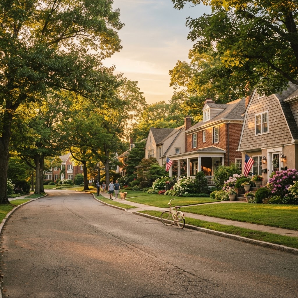 A tree-lined suburban street with houses