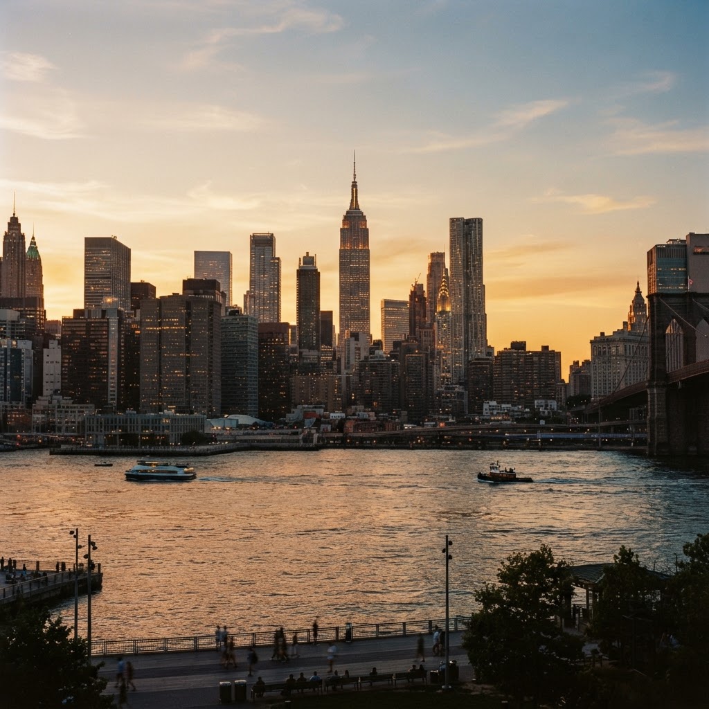 Manhattan skyline at golden hour