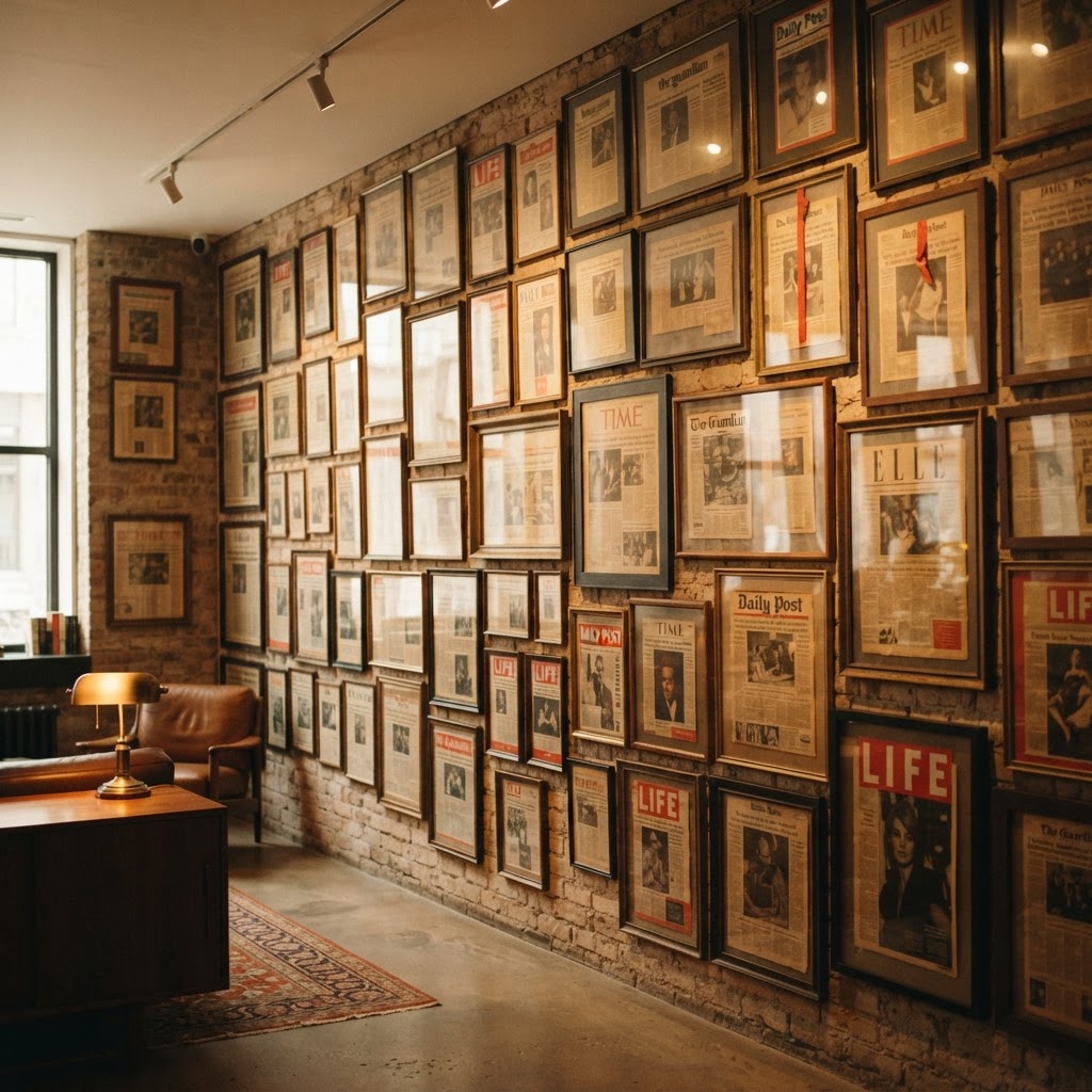 A wall of framed press clippings