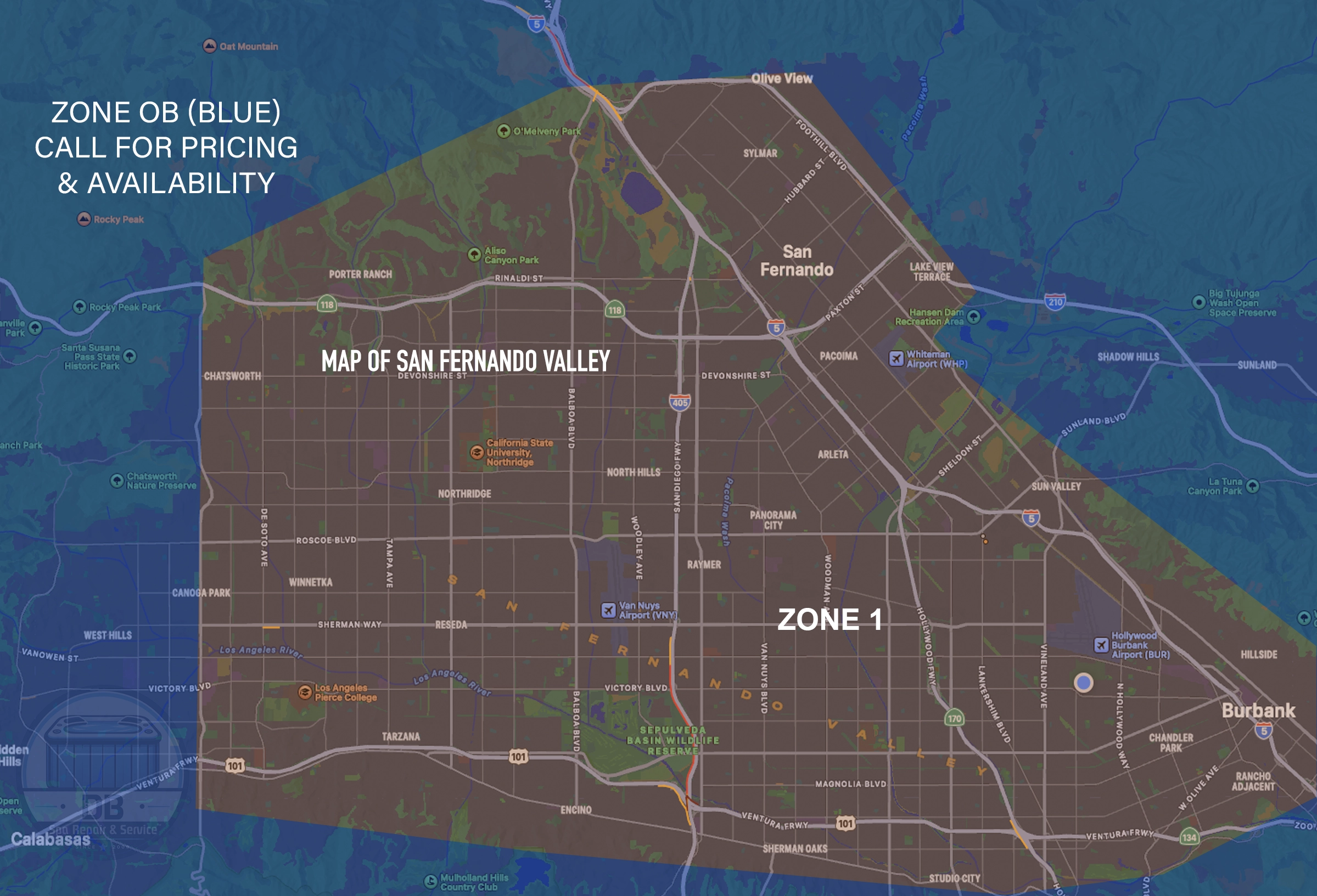 Service zone map showing Zone 1 and Zone OB coverage areas in San Fernando Valley