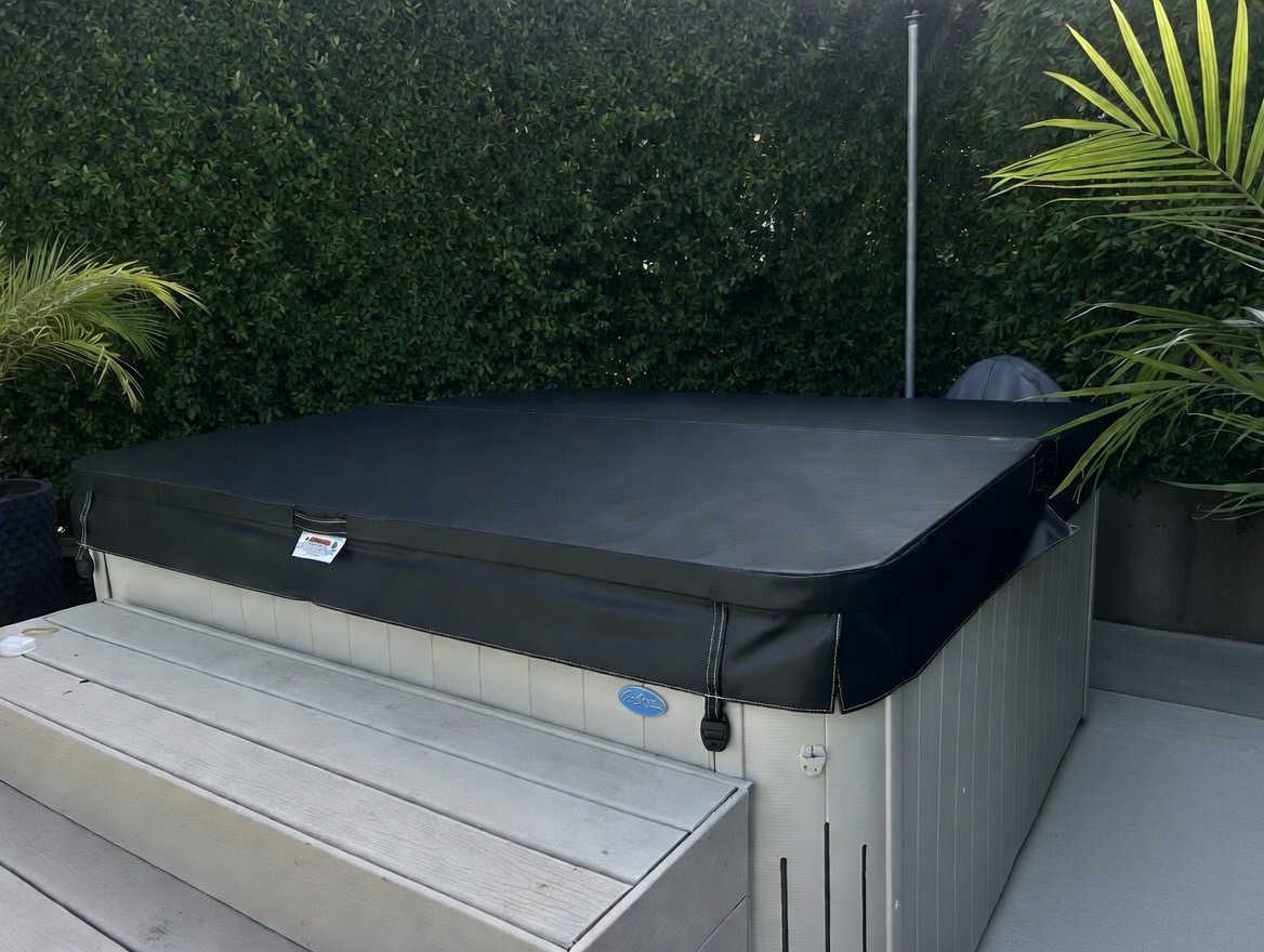 Black marine grade vinyl hot tub cover replacement in Burbank