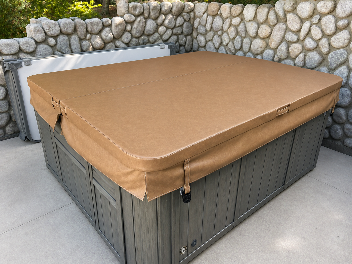 Tan marine grade vinyl hot tub cover replacement in Santa Clarita