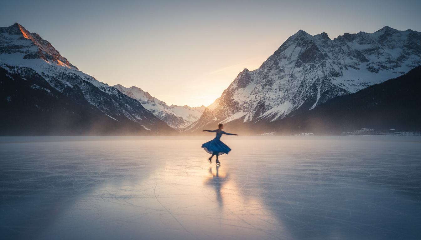 Figure skater performing in the Swiss Alps at golden hour