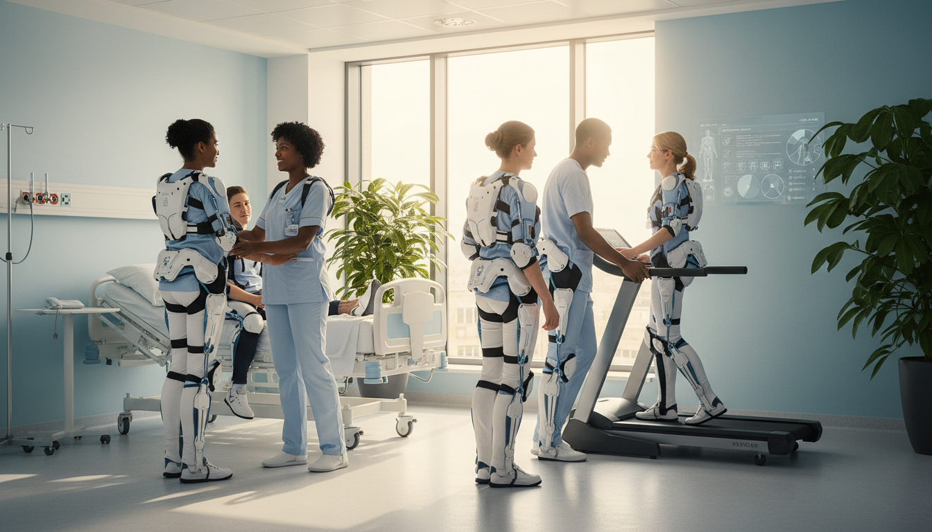 Professionnels de santé utilisant des exosquelettes en hôpital