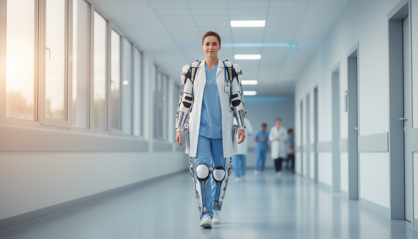 Exosquelette médical utilisé par une soignante dans un hôpital