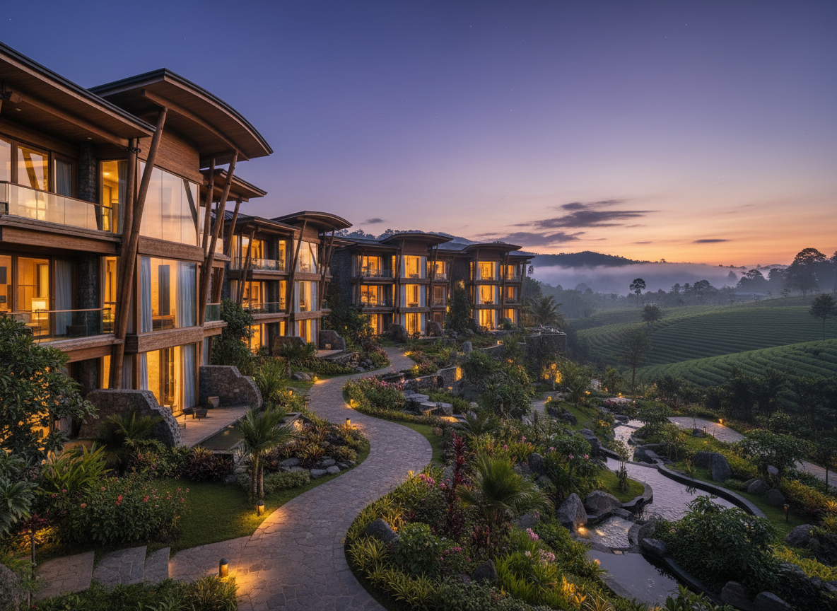 Resort exterior at dusk