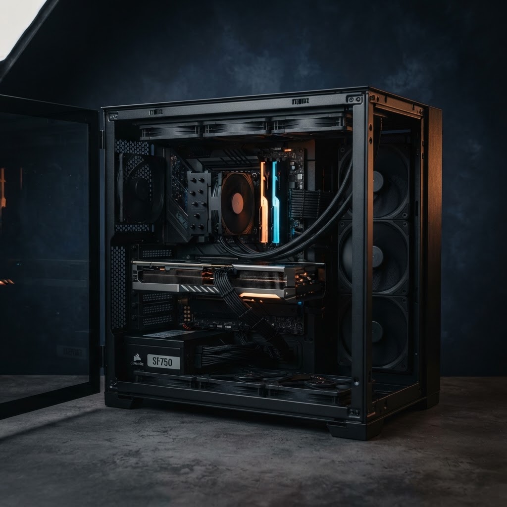 Montage d'un PC — boîtier ouvert avec carte mère, carte graphique et alimentation