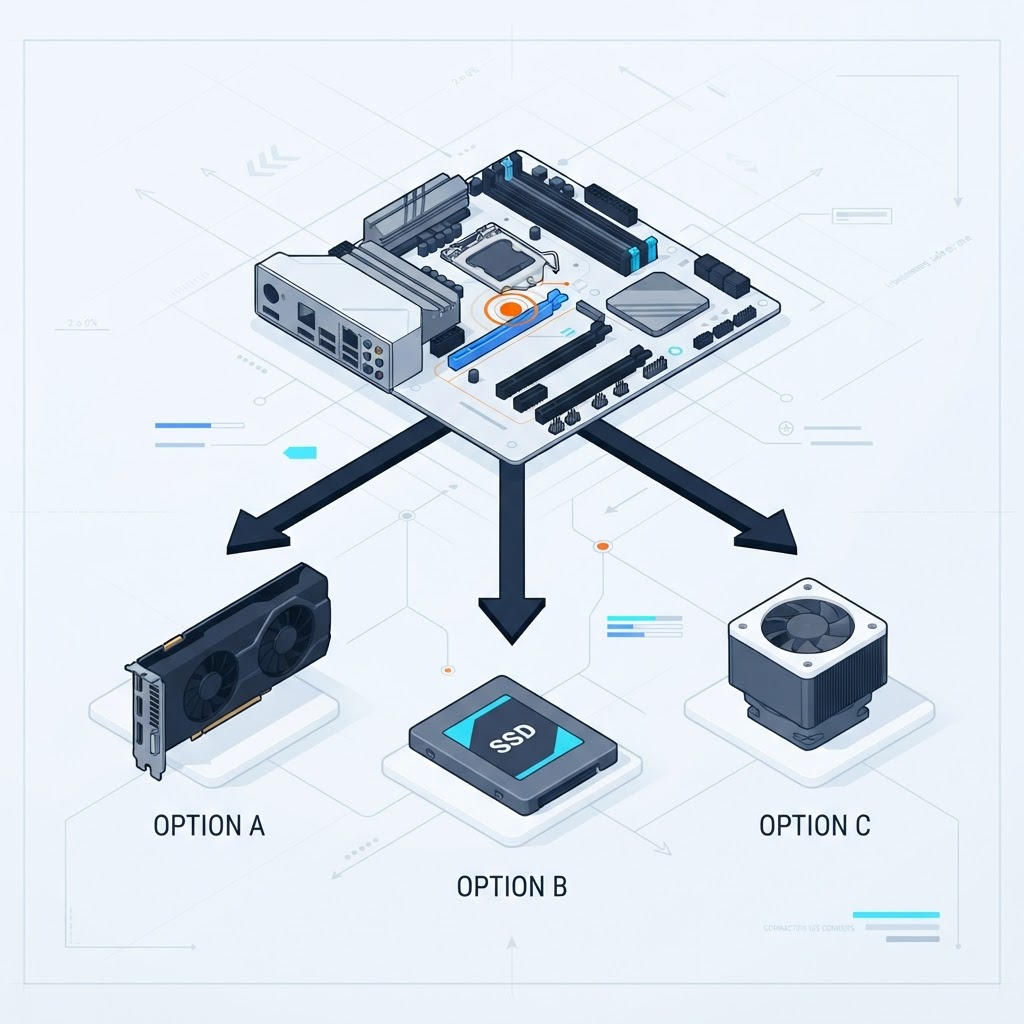 Illustration isométrique d’un comparatif de trois options pour un même composant.