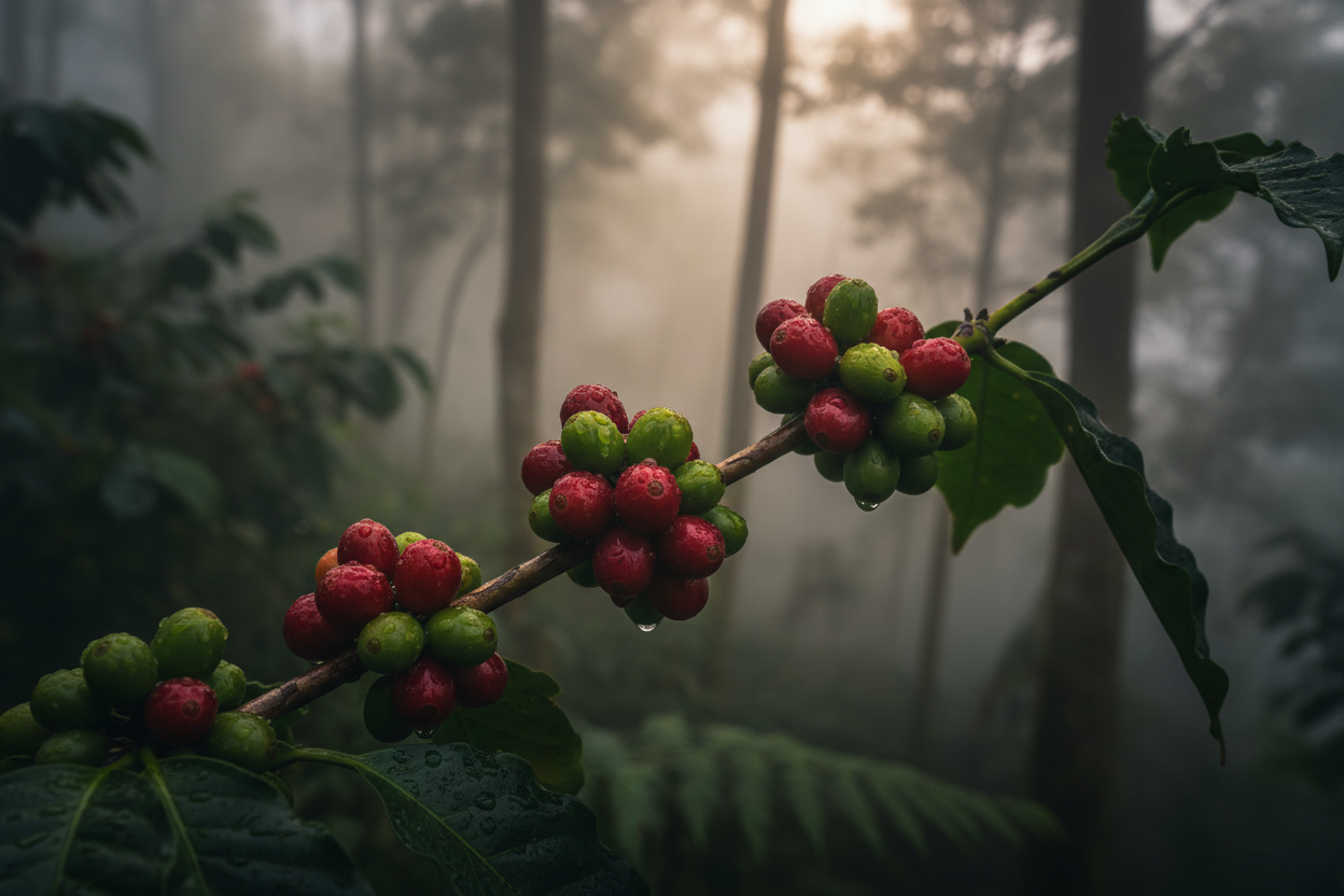 Coffee cherries growing in the cloud forest