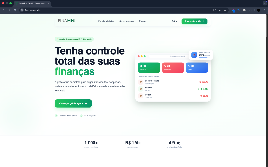 Dashboard Finamic - Gestão Financeira com IA