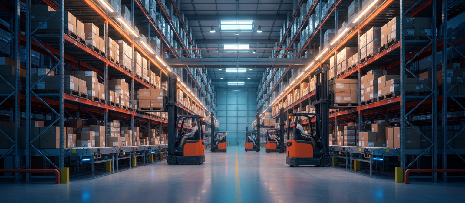 Professional warehouse with forklift trucks in operation
