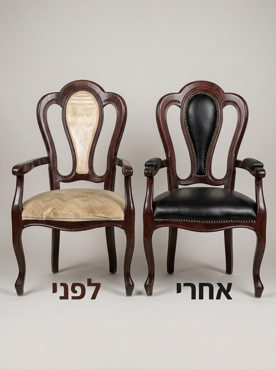 כורסא עץ מרופדת עור שחור לפני ואחרי