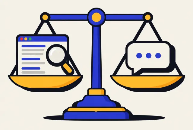 Illustration: a balance scale with a web search page on one side and a chat bubble on the other