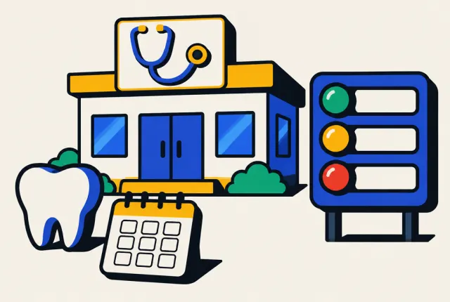 Illustration: a small clinic, a stethoscope and an appointment calendar next to a scoreboard with green, amber and red lights